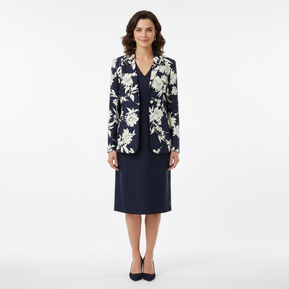 Liz Claiborne Navy And White Silk & Linen Dress Suit Set Sz 8